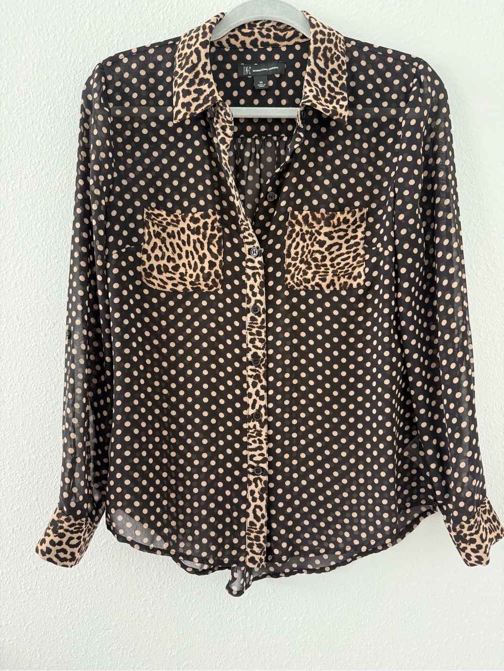 INC International Concepts Black Sheer Polka Dot Blouse with Tan Leopard Trim